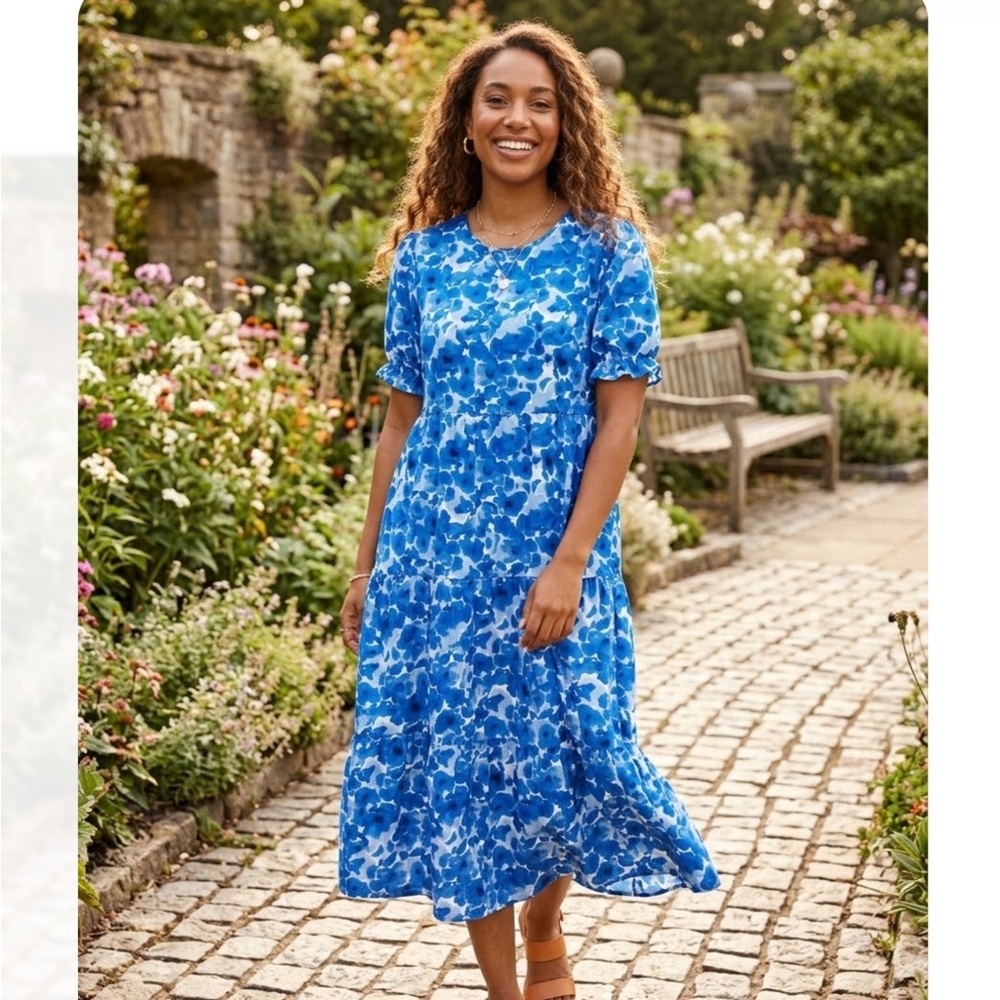 PRETTY  GARDEN  DRESS Blue Floral Midi Dress. SIZE XL